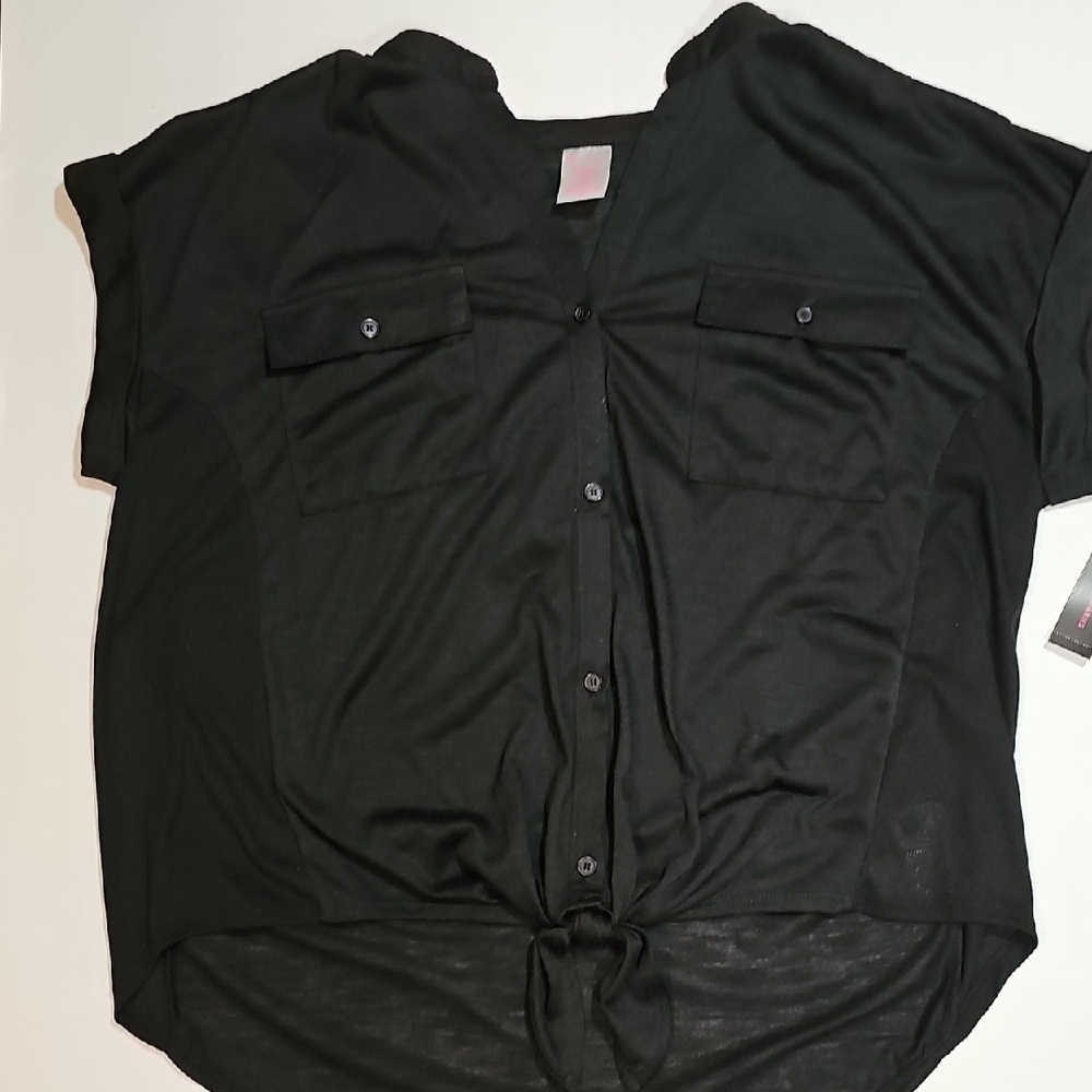 No Boundaries Black Boxy Button Down Shirt Sz 2X Short Sleeve Cuffed Casual